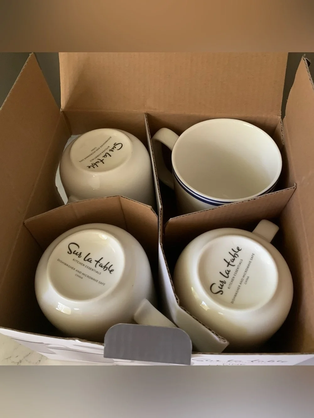 Sur La Table Blue Rim Bistro Style Fine Ceramic Cups/ Mugs Set of 4 - 14 Oz Each